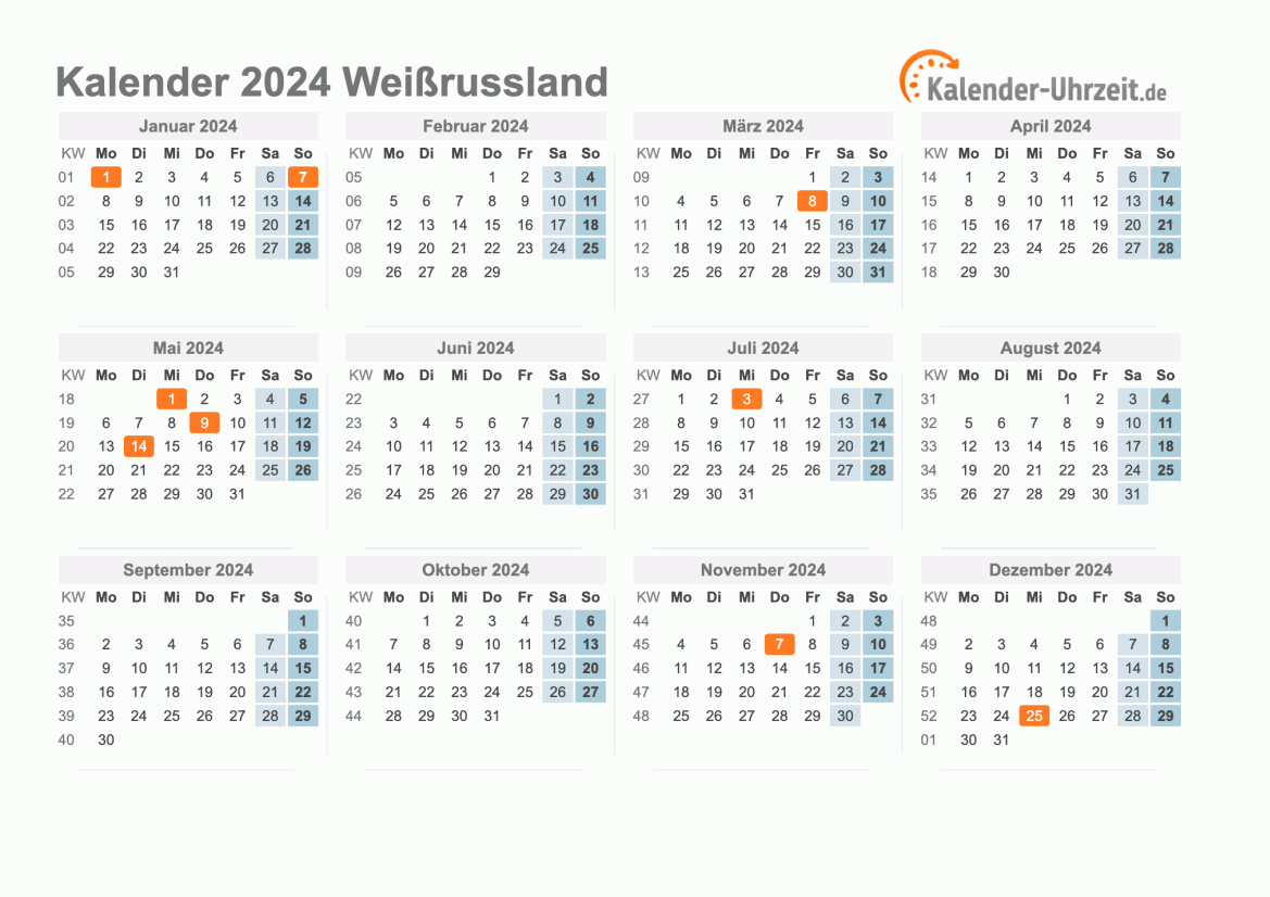 Kalender 2024 Weißrussland mit Feiertagen zum Ausdrucken Kalender 2024 Weißrussland mit Feiertagen