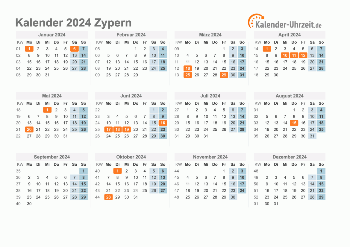 Kalender 2024 Zypern mit Feiertagen