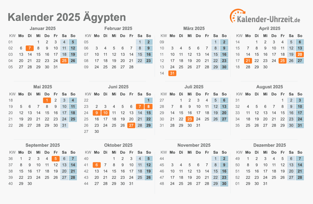 Kalender 2025 Ägypten mit Feiertagen zum Ausdrucken Kalender 2025 Ägypten mit Feiertagen