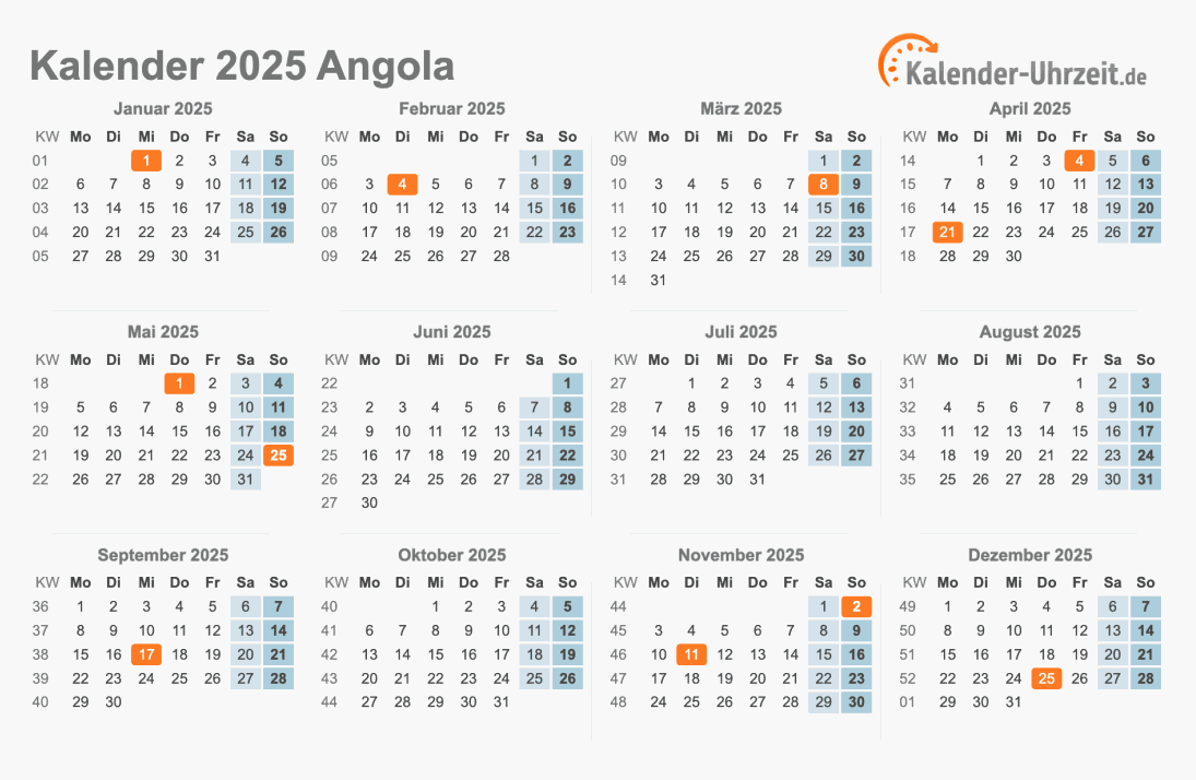 Kalender 2025 Angola mit Feiertagen zum Ausdrucken Kalender 2025 Angola mit Feiertagen