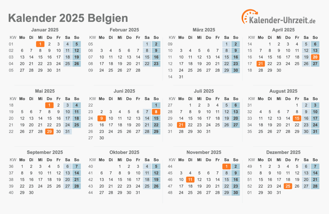 Kalender 2025 Belgien mit Feiertagen zum Ausdrucken Kalender 2025 Belgien mit Feiertagen