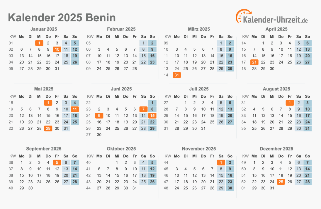 Kalender 2025 Benin mit Feiertagen zum Ausdrucken Kalender 2025 Benin mit Feiertagen