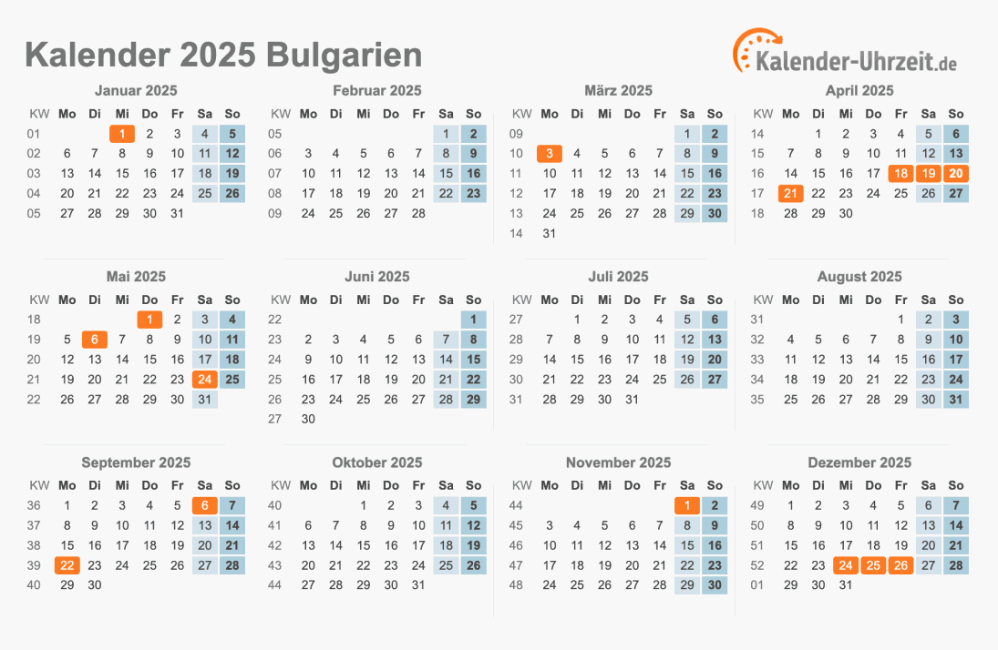 Kalender 2025 Bulgarien mit Feiertagen zum Ausdrucken Kalender 2025 Bulgarien mit Feiertagen