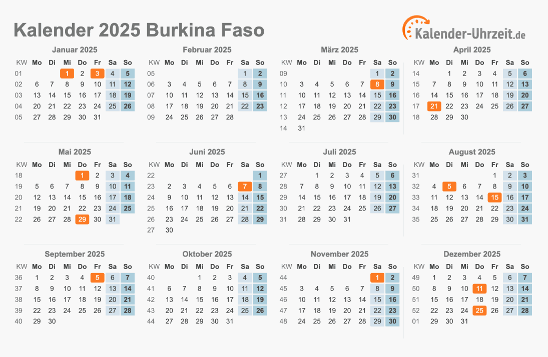 Kalender 2025 Burkina Faso mit Feiertagen zum Ausdrucken Kalender 2025 Burkina Faso mit Feiertagen