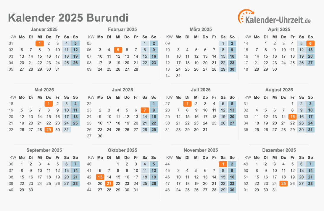 Kalender 2025 Burundi mit Feiertagen zum Ausdrucken Kalender 2025 Burundi mit Feiertagen