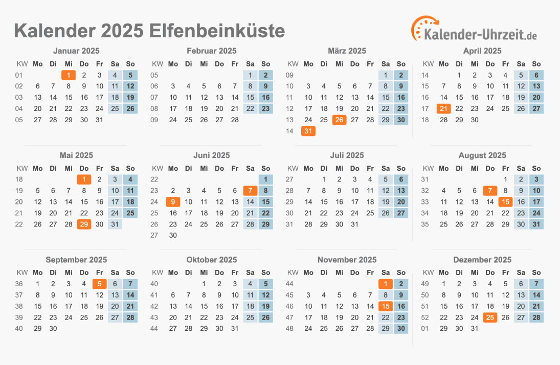 Kalender 2025 Elfenbeinküste mit Feiertagen zum Ausdrucken Kalender 2025 Elfenbeinküste mit Feiertagen