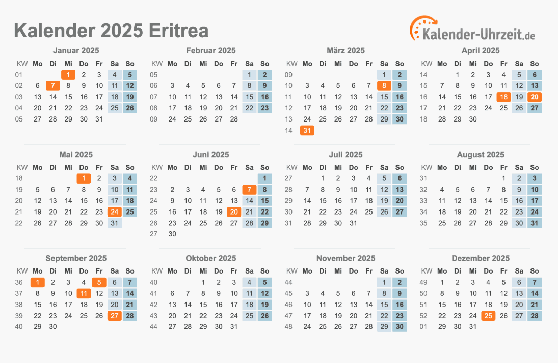 Kalender 2025 Eritrea mit Feiertagen zum Ausdrucken Kalender 2025 Eritrea mit Feiertagen