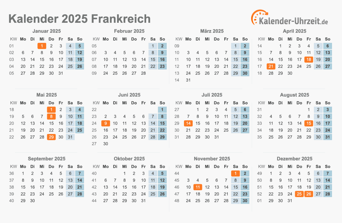 Kalender 2025 Frankreich mit Feiertagen zum Ausdrucken Kalender 2025 Frankreich mit Feiertagen