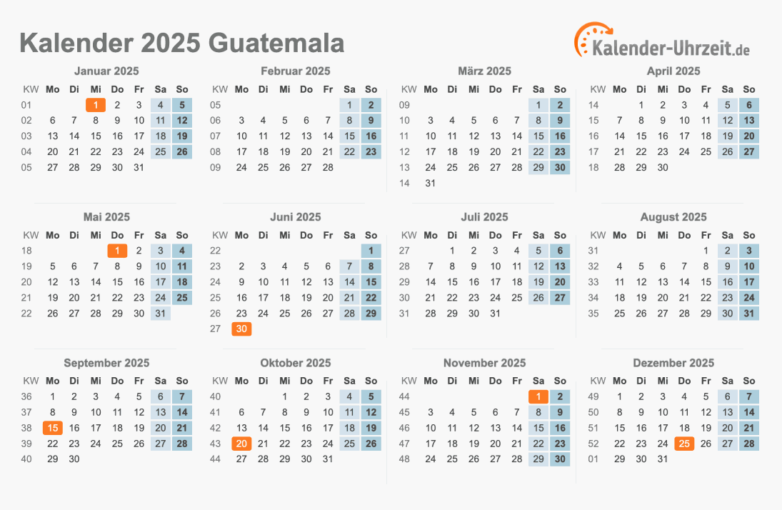 Kalender 2025 Guatemala mit Feiertagen zum Ausdrucken Kalender 2025 Guatemala mit Feiertagen
