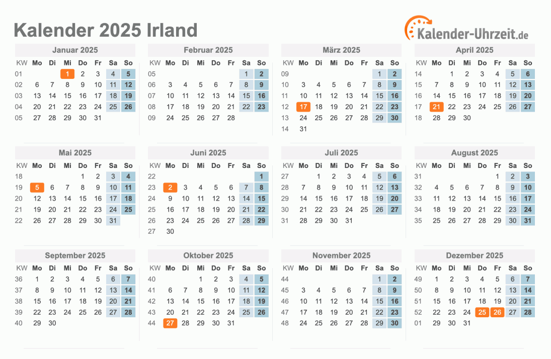 Kalender 2025 Irland mit Feiertagen zum Ausdrucken Kalender 2025 Irland mit Feiertagen