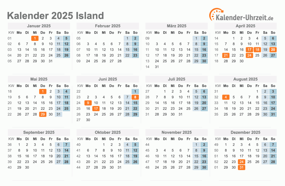Kalender 2025 Island mit Feiertagen zum Ausdrucken Kalender 2025 Island mit Feiertagen
