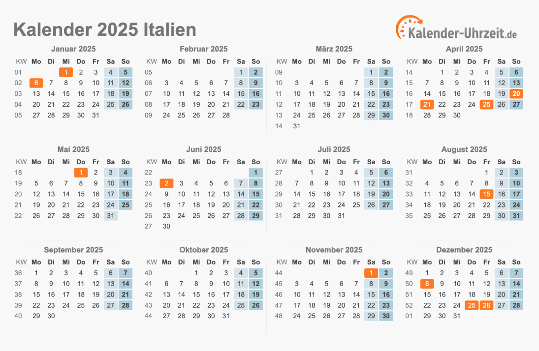 Kalender 2025 Italien mit Feiertagen zum Ausdrucken Kalender 2025 Italien mit Feiertagen