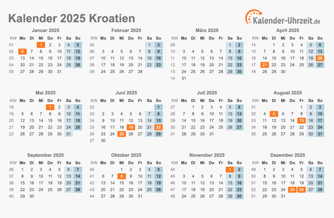 Kalender 2025 Kroatien mit Feiertagen zum Ausdrucken Kalender 2025 Kroatien mit Feiertagen