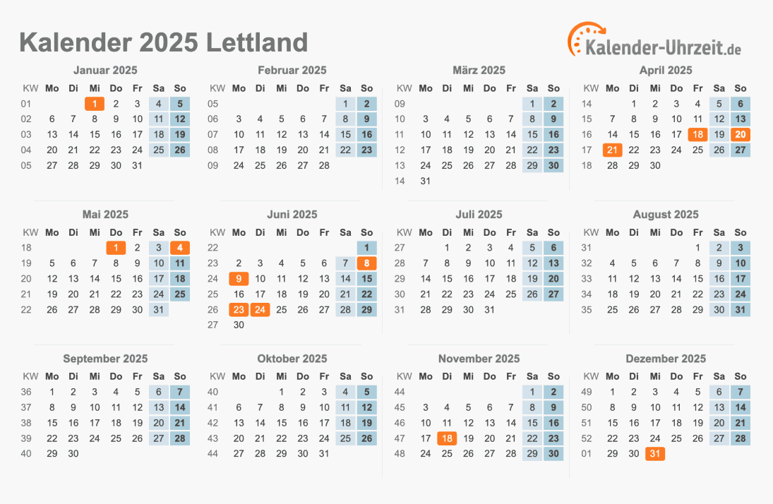 Kalender 2025 Lettland mit Feiertagen zum Ausdrucken Kalender 2025 Lettland mit Feiertagen