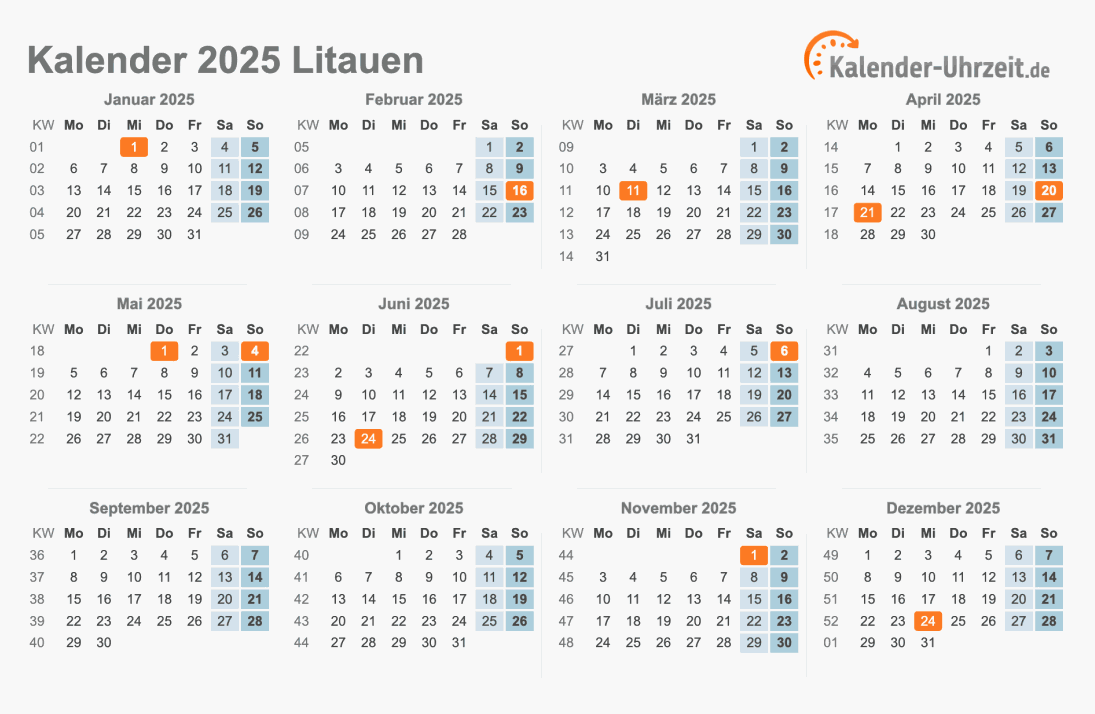 Kalender 2025 Litauen mit Feiertagen zum Ausdrucken Kalender 2025 Litauen mit Feiertagen