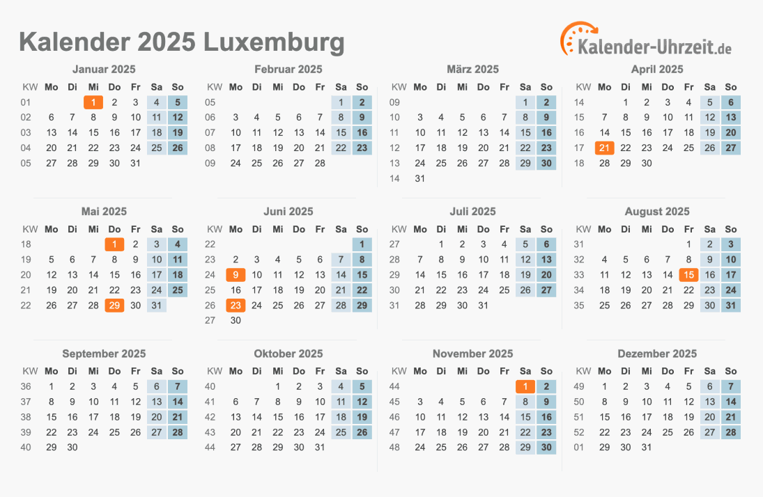 Kalender 2025 Luxemburg mit Feiertagen zum Ausdrucken Kalender 2025 Luxemburg mit Feiertagen