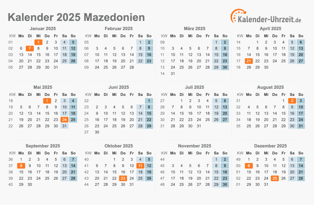 Kalender 2025 Mazedonien mit Feiertagen zum Ausdrucken Kalender 2025 Mazedonien mit Feiertagen