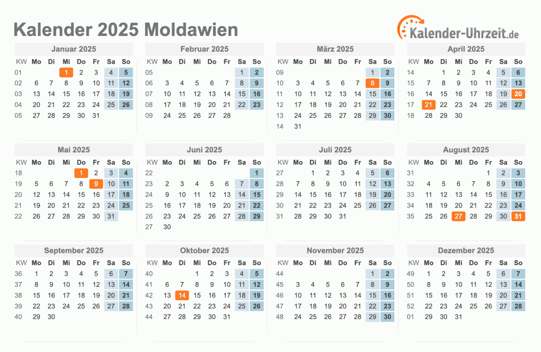 Kalender 2025 Moldawien mit Feiertagen zum Ausdrucken Kalender 2025 Moldawien mit Feiertagen