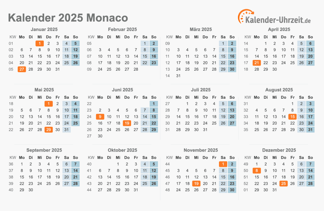 Kalender 2025 Monaco mit Feiertagen zum Ausdrucken Kalender 2025 Monaco mit Feiertagen
