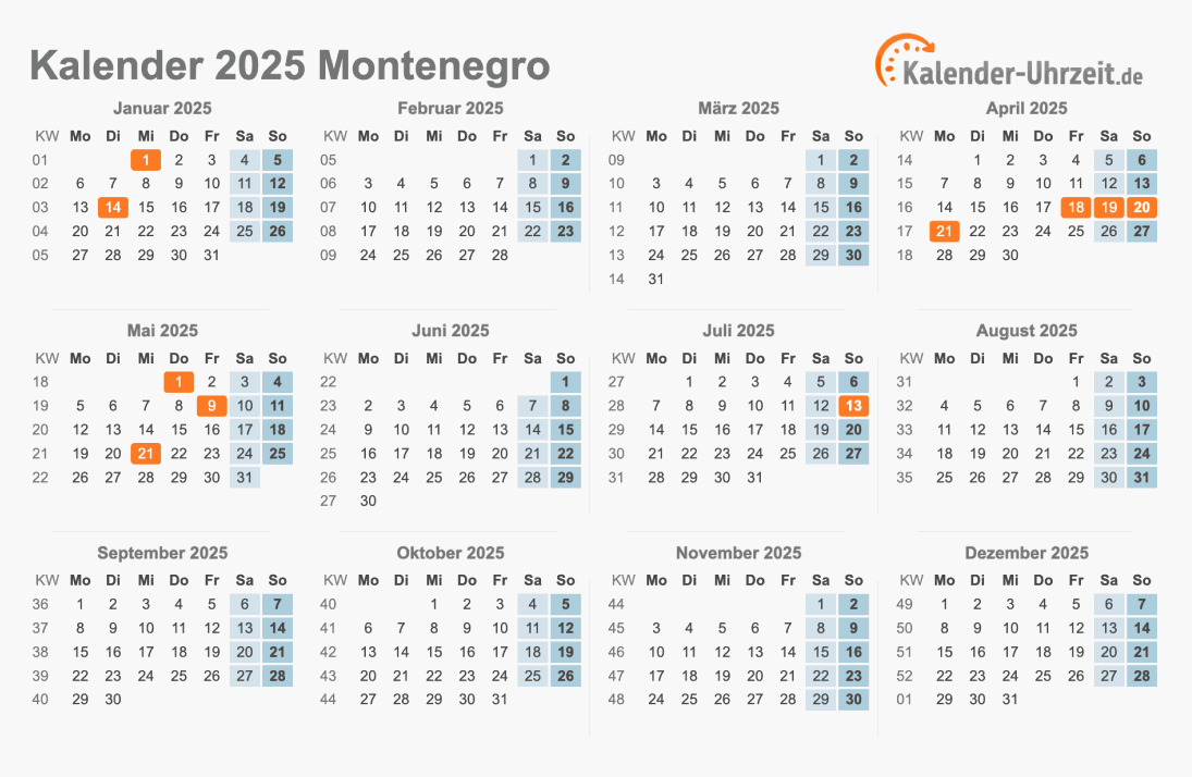 Kalender 2025 Montenegro mit Feiertagen zum Ausdrucken Kalender 2025 Montenegro mit Feiertagen