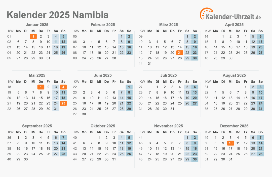 Kalender 2025 Namibia mit Feiertagen zum Ausdrucken Kalender 2025 Namibia mit Feiertagen