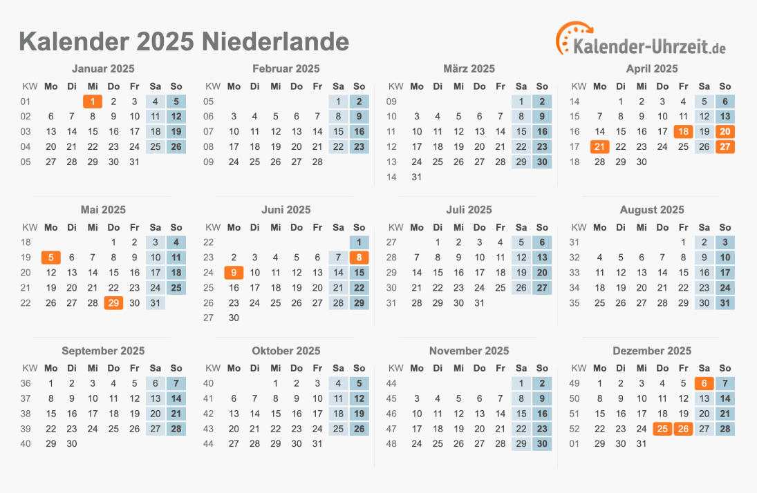 Kalender 2025 Niederlande mit Feiertagen zum Ausdrucken Kalender 2025 Niederlande mit Feiertagen