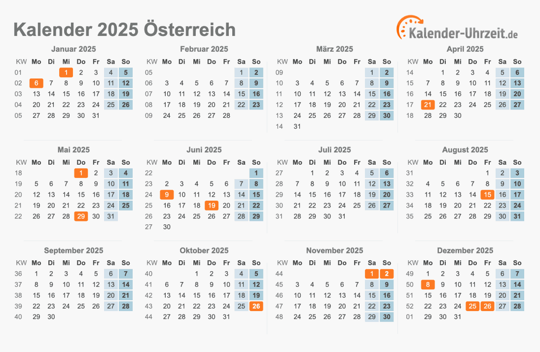 Kalender 2025 Österreich mit Feiertagen zum Ausdrucken Kalender 2025 Österreich mit Feiertagen