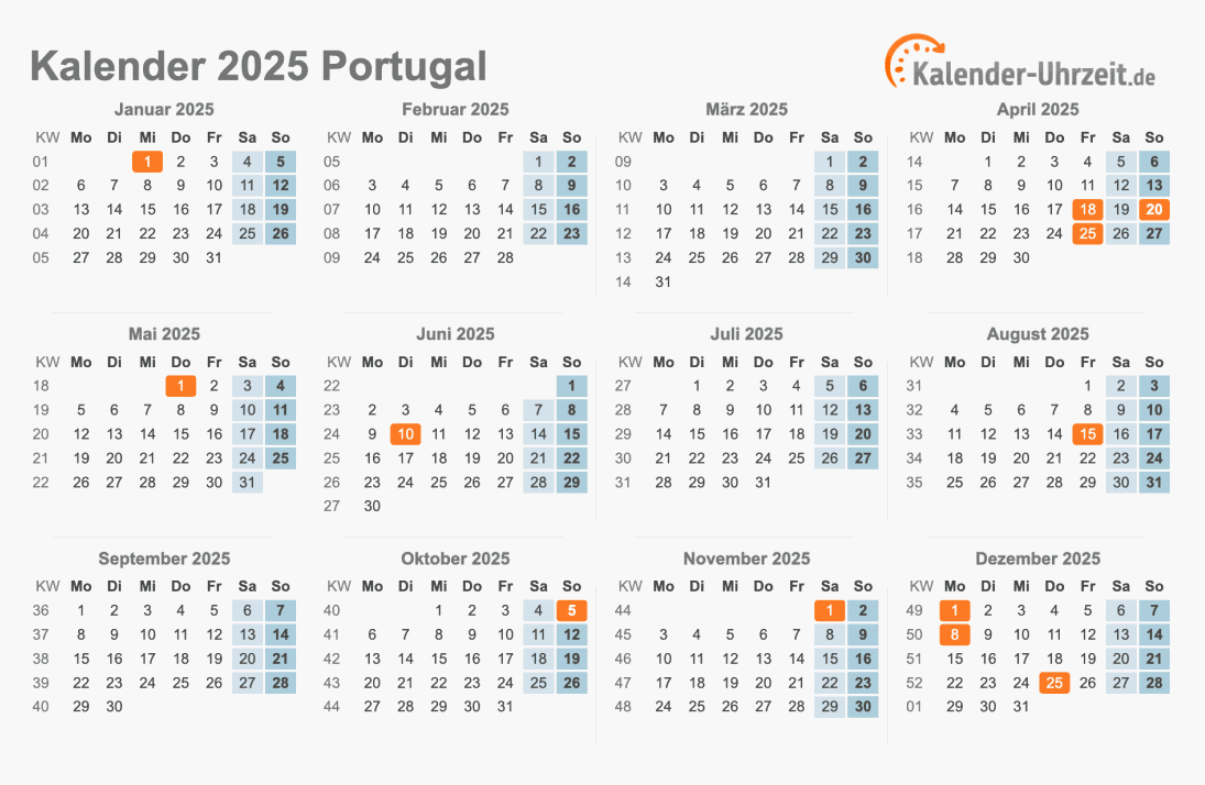 Kalender 2025 Portugal mit Feiertagen zum Ausdrucken Kalender 2025 Portugal mit Feiertagen