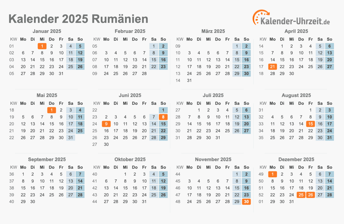 Kalender 2025 Rumänien mit Feiertagen zum Ausdrucken Kalender 2025 Rumänien mit Feiertagen
