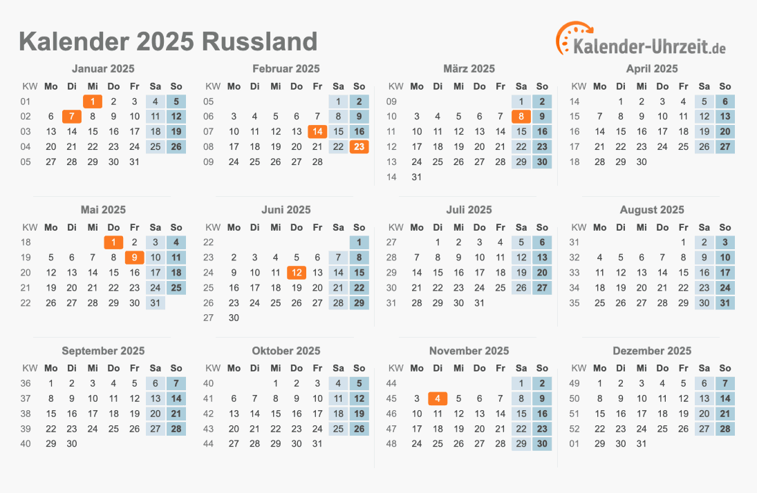 Kalender 2025 Russland mit Feiertagen zum Ausdrucken Kalender 2025 Russland mit Feiertagen