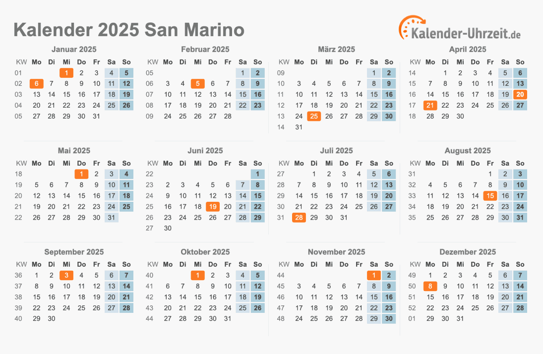 Kalender 2025 San Marino mit Feiertagen zum Ausdrucken Kalender 2025 San Marino mit Feiertagen