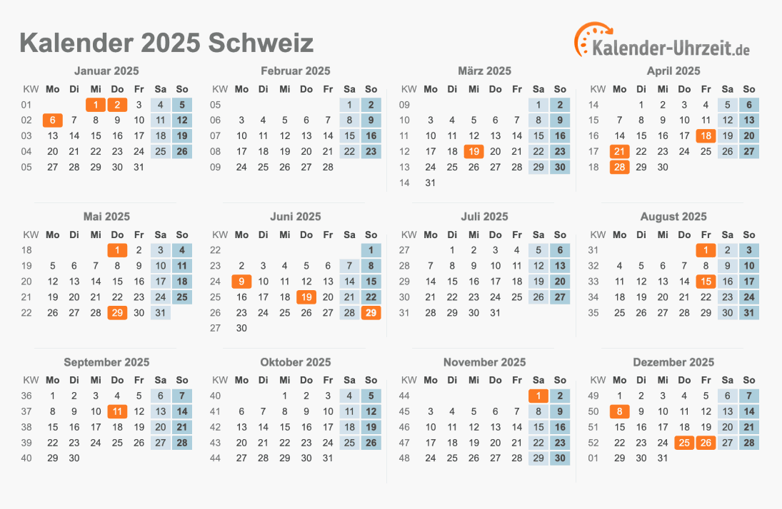 Kalender 2025 Schweiz mit Feiertagen zum Ausdrucken Kalender 2025 Schweiz mit Feiertagen