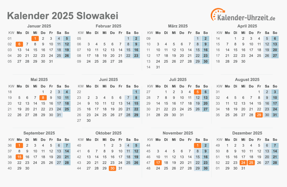 Kalender 2025 Slowakei mit Feiertagen zum Ausdrucken Kalender 2025 Slowakei mit Feiertagen
