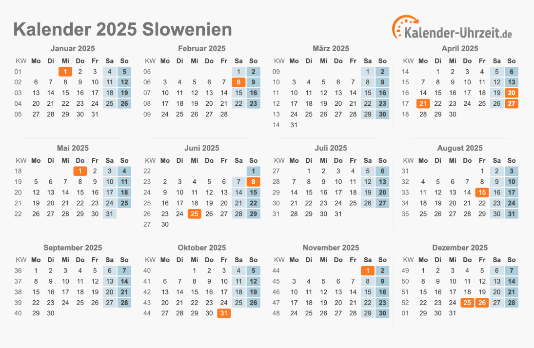 Kalender 2025 Slowenien mit Feiertagen zum Ausdrucken Kalender 2025 Slowenien mit Feiertagen