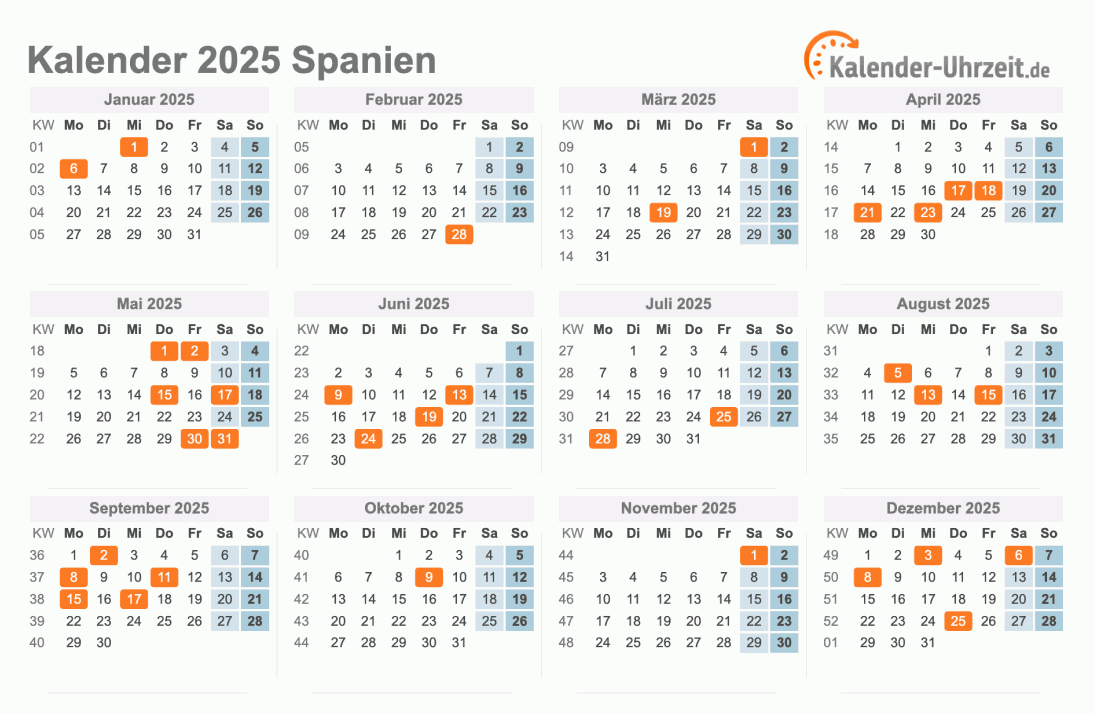 Kalender 2025 Spanien mit Feiertagen zum Ausdrucken Kalender 2025 Spanien mit Feiertagen