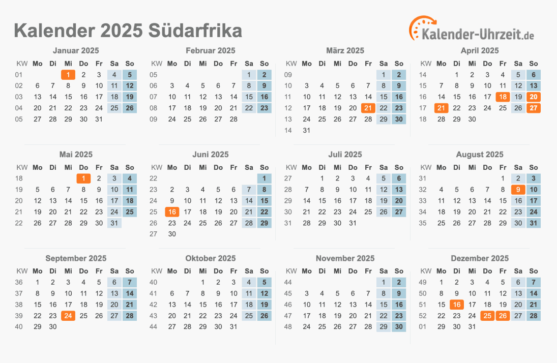 Kalender 2025 Südafrika mit Feiertagen zum Ausdrucken Kalender 2025 Südafrika mit Feiertagen