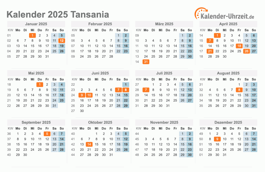 Kalender 2025 Tansania mit Feiertagen zum Ausdrucken Kalender 2025 Tansania mit Feiertagen