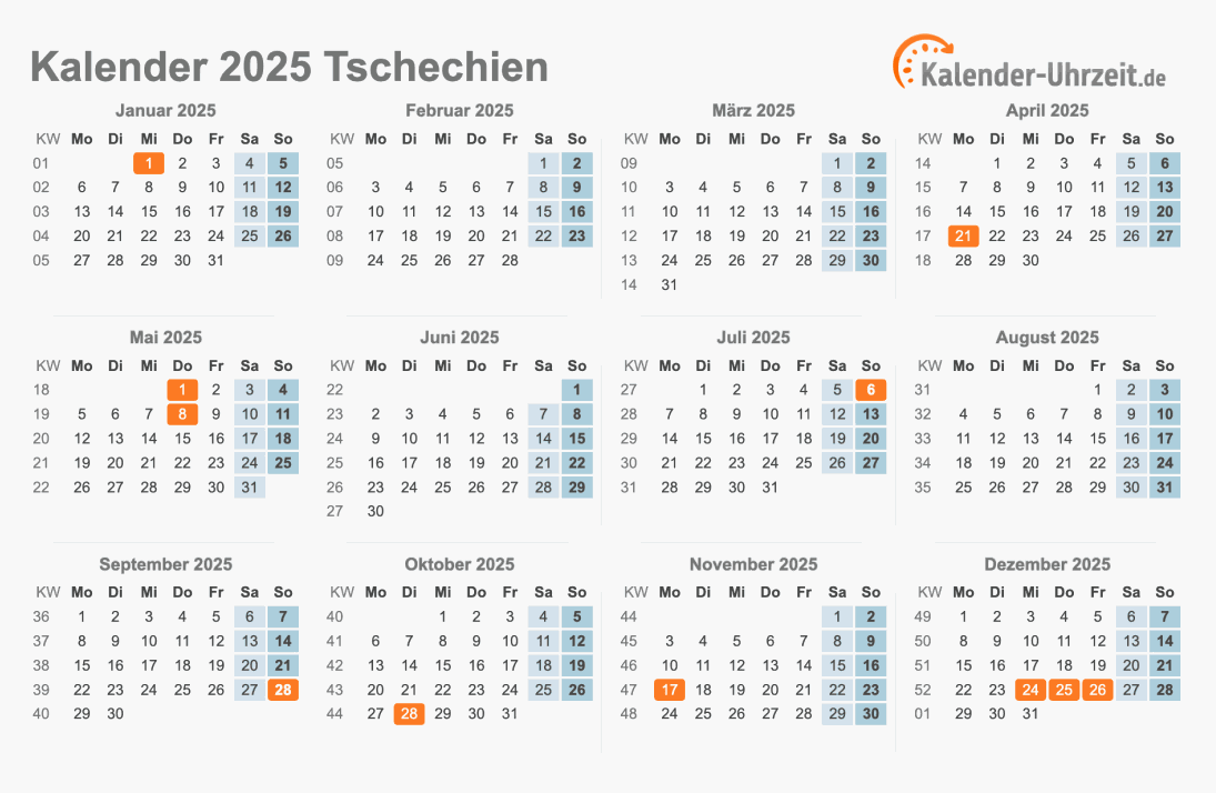 Kalender 2025 Tschechien mit Feiertagen zum Ausdrucken Kalender 2025 Tschechien mit Feiertagen