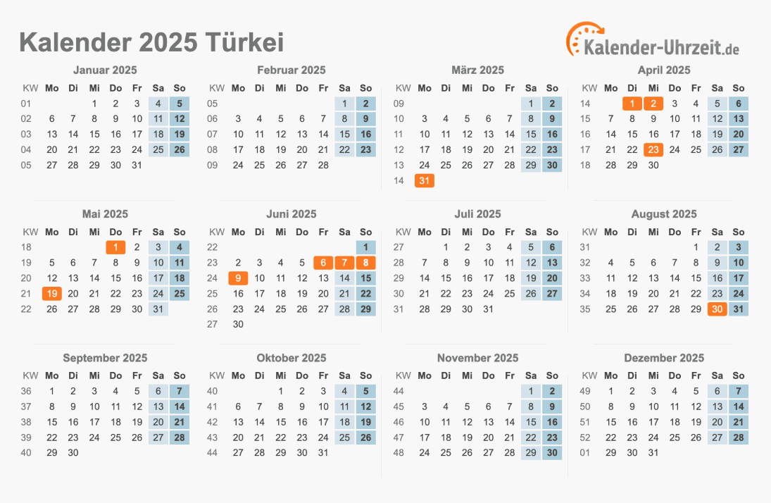 Kalender 2025 Türkei mit Feiertagen zum Ausdrucken Kalender 2025 Türkei mit Feiertagen
