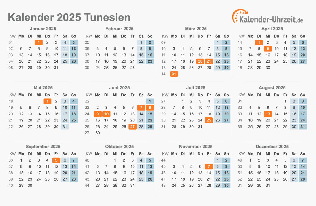 Kalender 2025 Tunesien mit Feiertagen zum Ausdrucken Kalender 2025 Tunesien mit Feiertagen