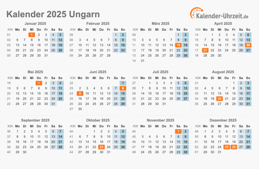 Kalender 2025 Ungarn mit Feiertagen zum Ausdrucken Kalender 2025 Ungarn mit Feiertagen