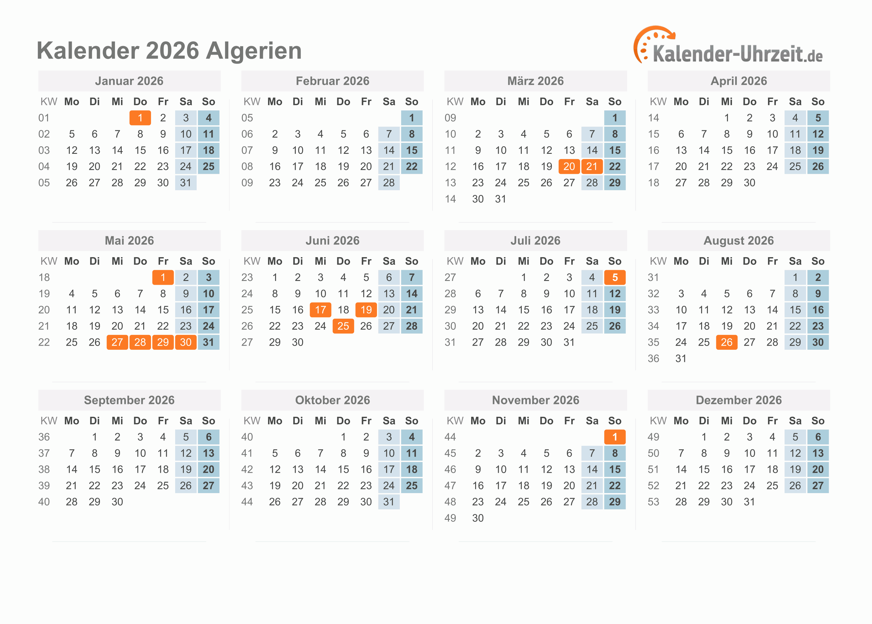 Kalender 2026 Algerien mit Feiertagen zum Ausdrucken Kalender 2026 Algerien mit Feiertagen