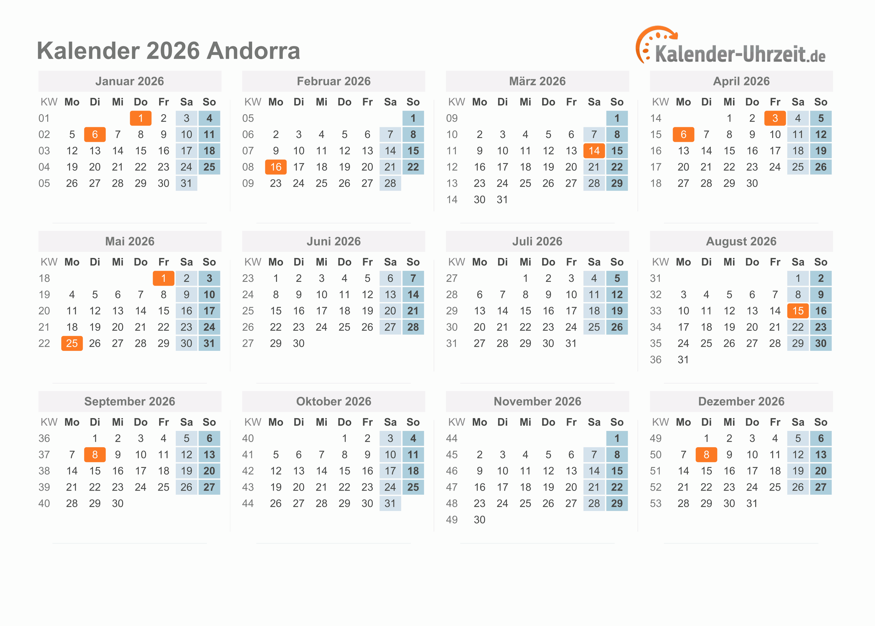 Kalender 2026 Andorra mit Feiertagen zum Ausdrucken Kalender 2026 Andorra mit Feiertagen