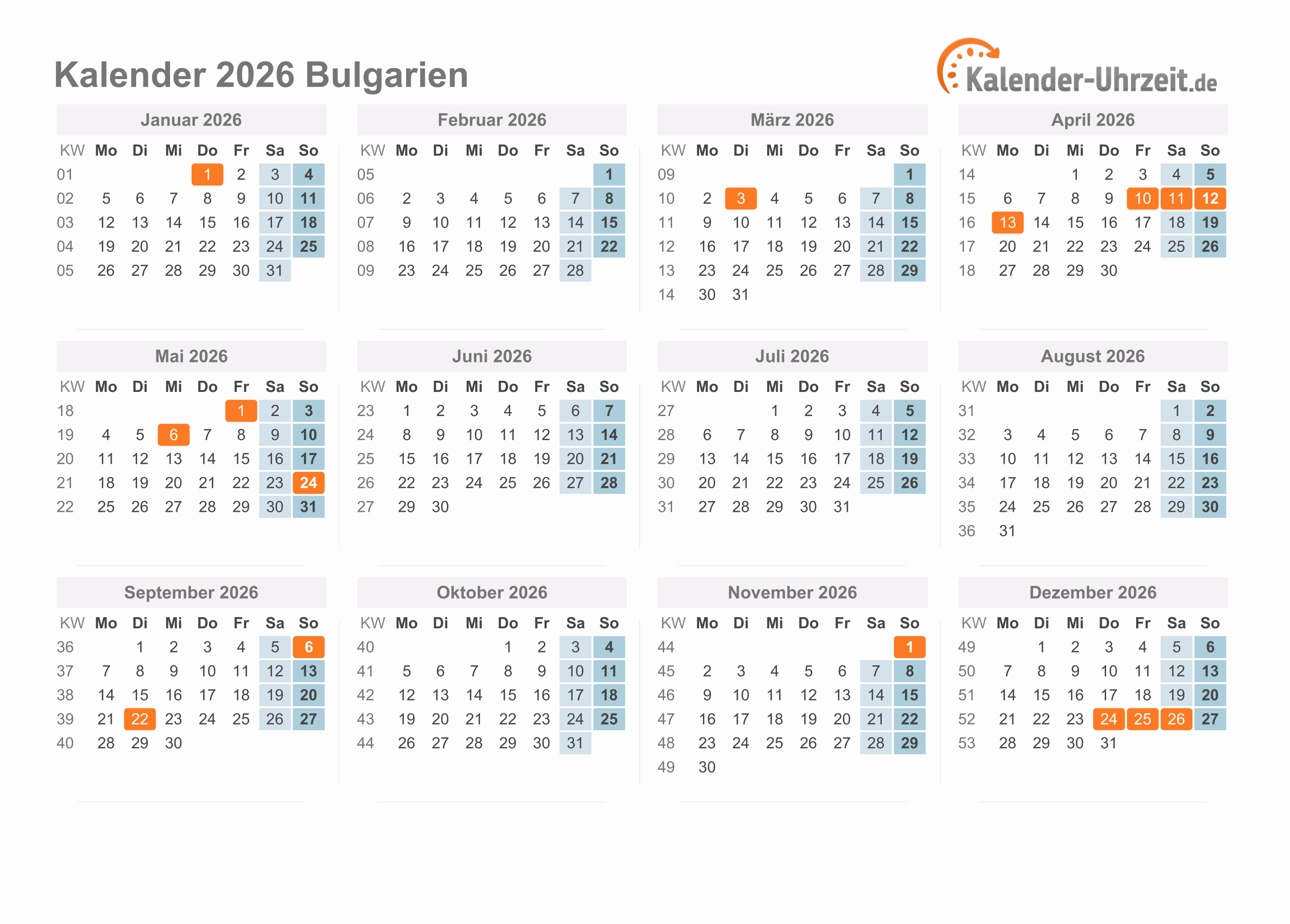 Kalender 2026 Bulgarien mit Feiertagen zum Ausdrucken Kalender 2026 Bulgarien mit Feiertagen