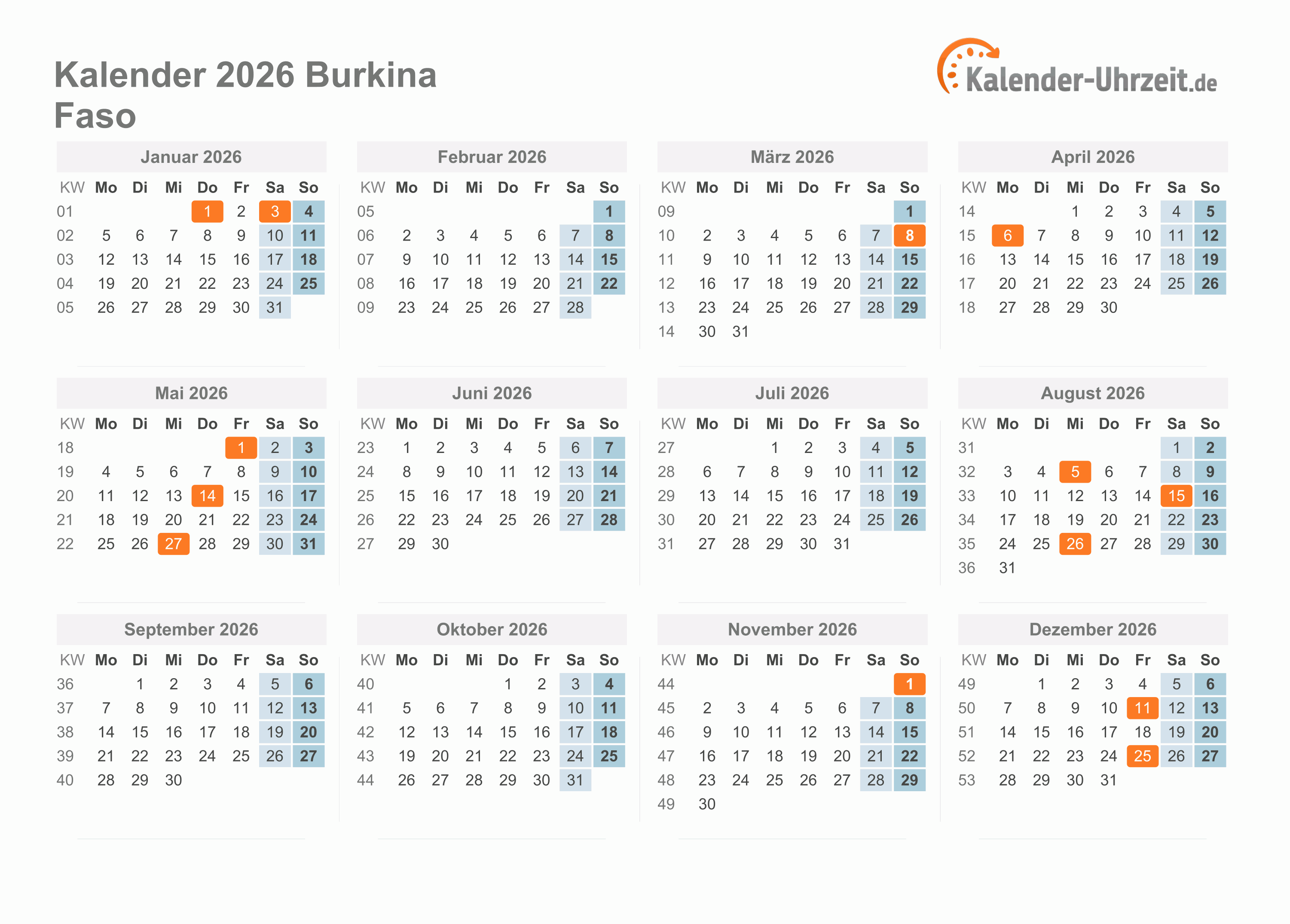 Kalender 2026 Burkina Faso mit Feiertagen zum Ausdrucken Kalender 2026 Burkina Faso mit Feiertagen