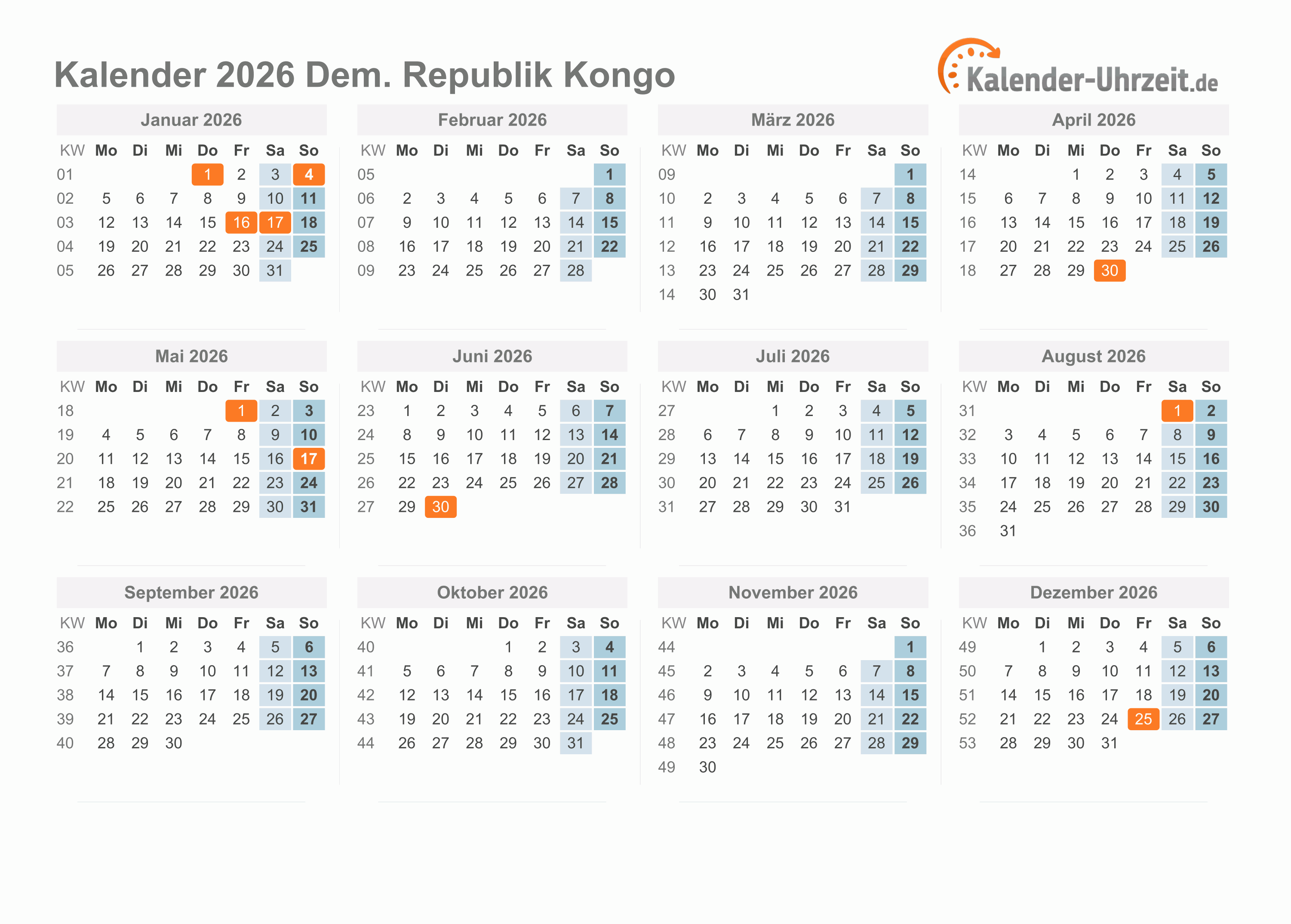 Kalender 2026 Dem. Republik Kongo mit Feiertagen zum Ausdrucken Kalender 2026 Dem. Republik Kongo mit Feiertagen