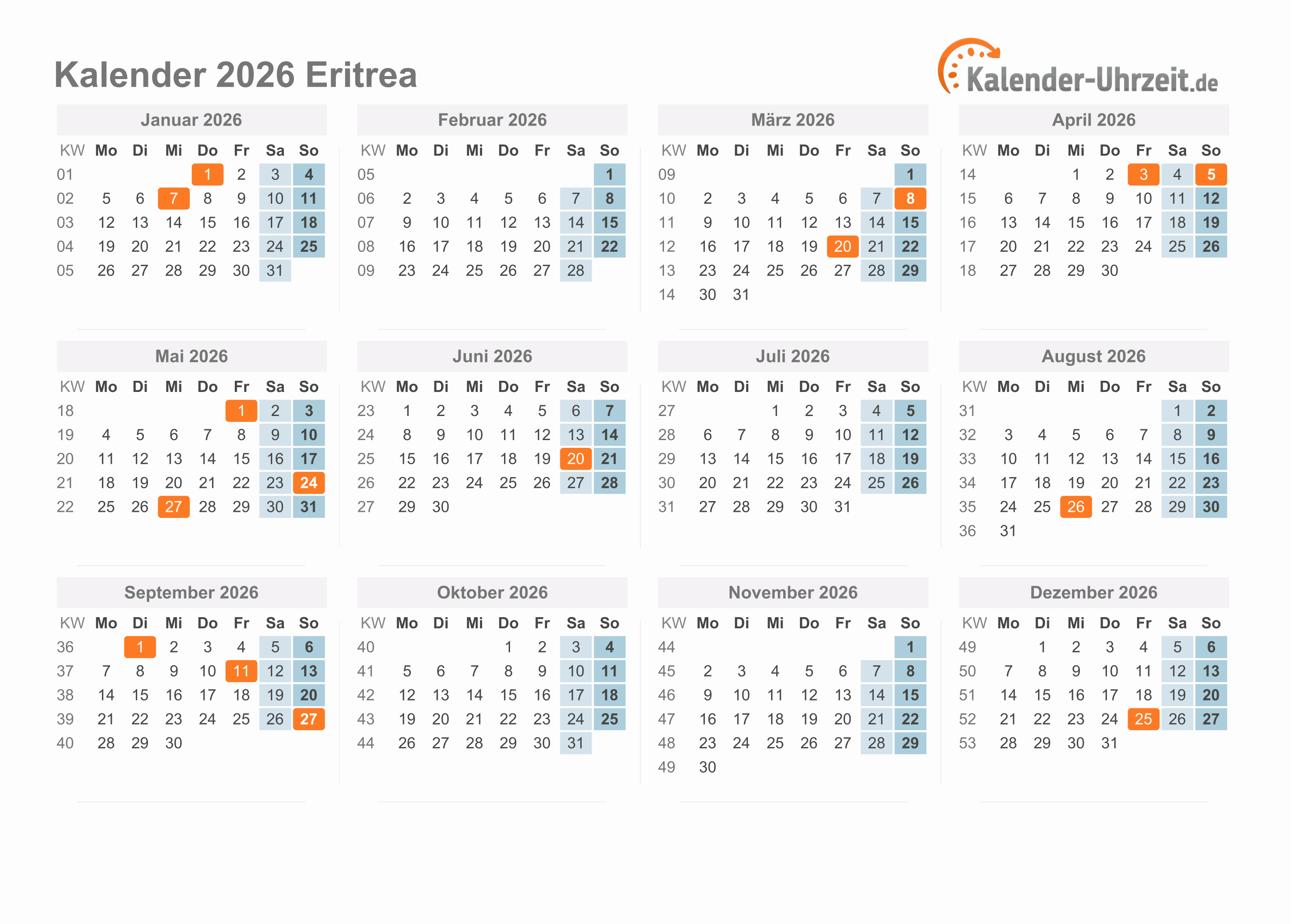 Kalender 2026 Eritrea mit Feiertagen zum Ausdrucken Kalender 2026 Eritrea mit Feiertagen