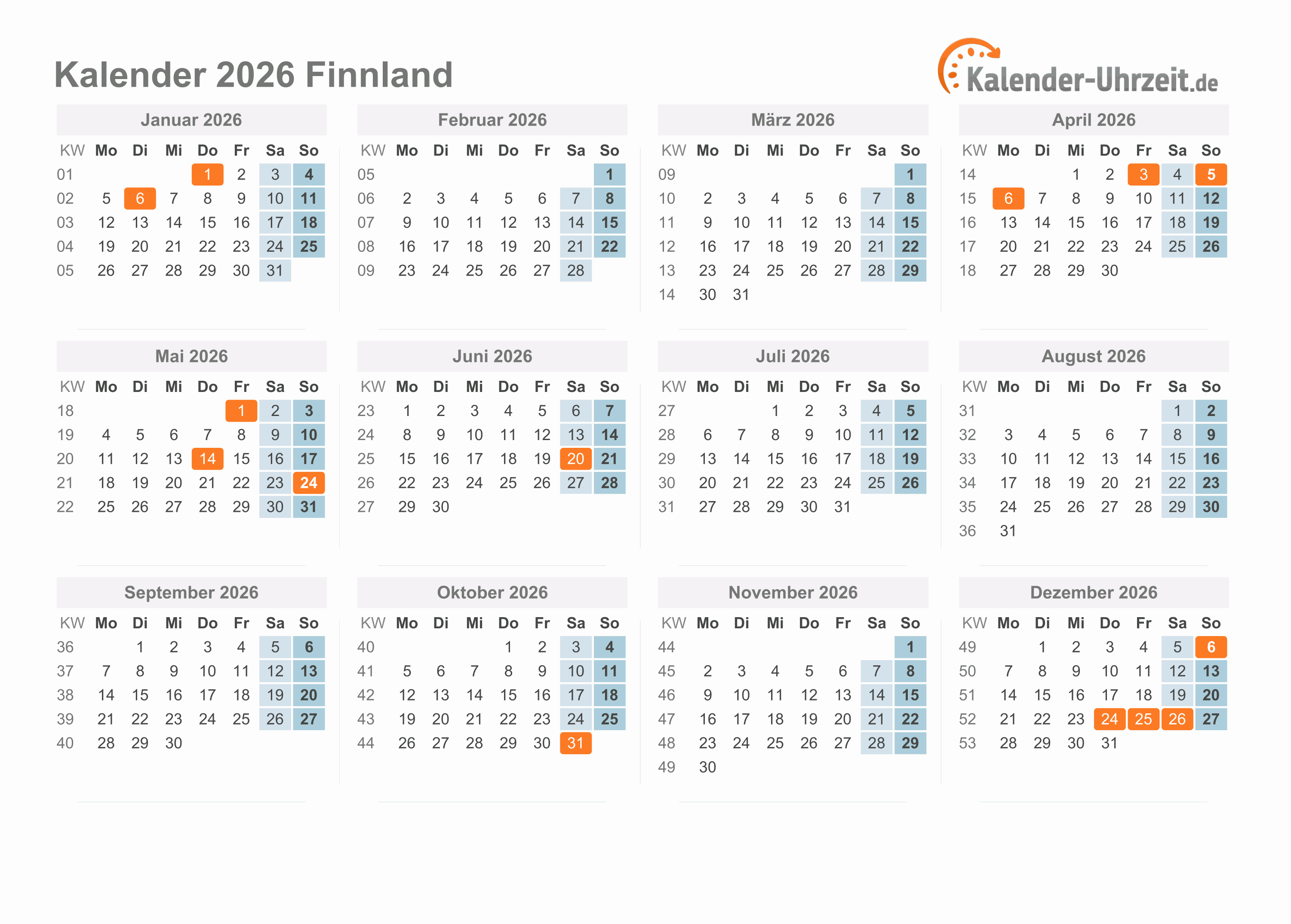Kalender 2026 Finnland mit Feiertagen zum Ausdrucken Kalender 2026 Finnland mit Feiertagen