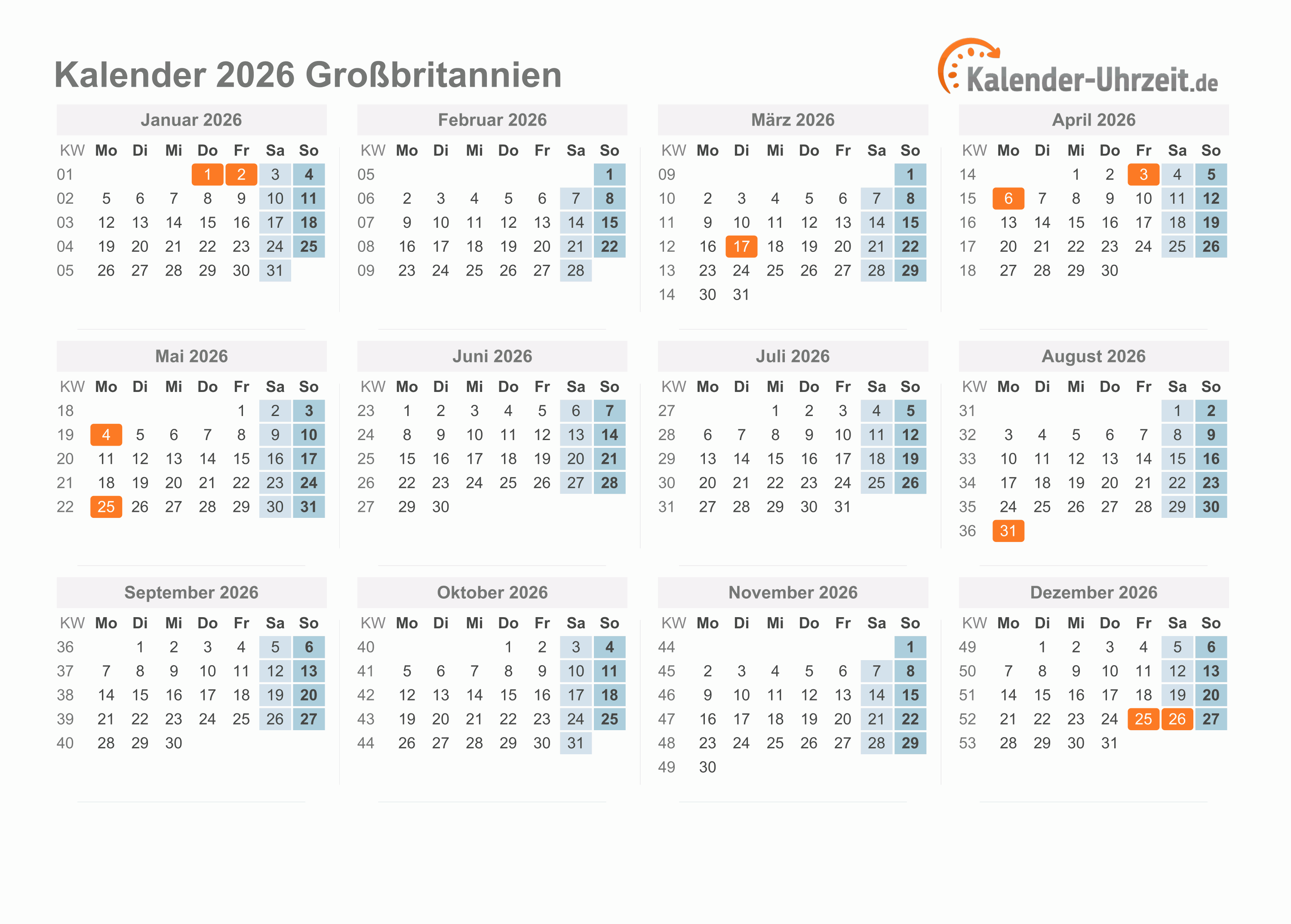 Kalender 2026 Großbritannien mit Feiertagen zum Ausdrucken Kalender 2026 Großbritannien mit Feiertagen