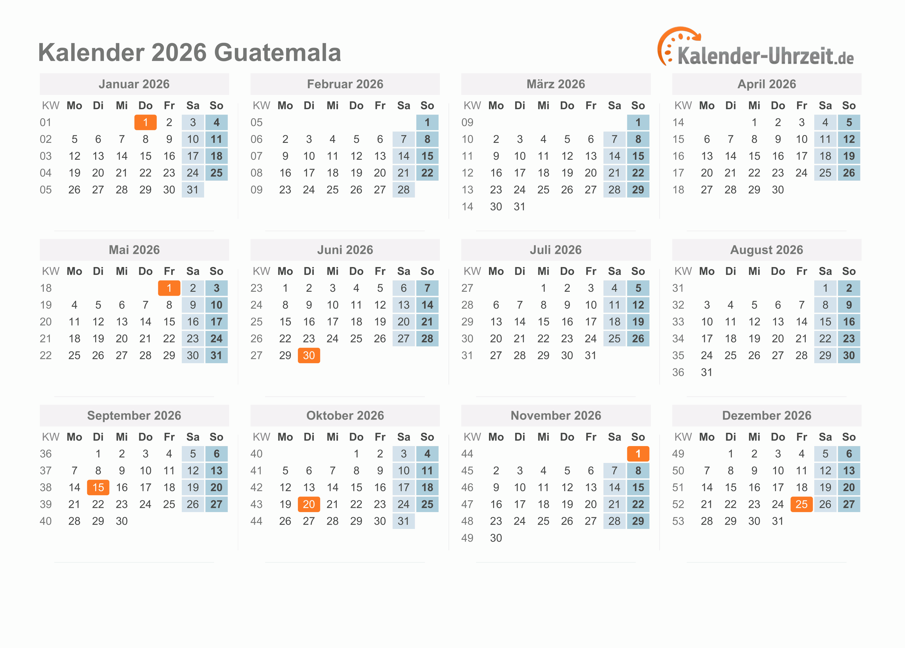 Kalender 2026 Guatemala mit Feiertagen zum Ausdrucken Kalender 2026 Guatemala mit Feiertagen